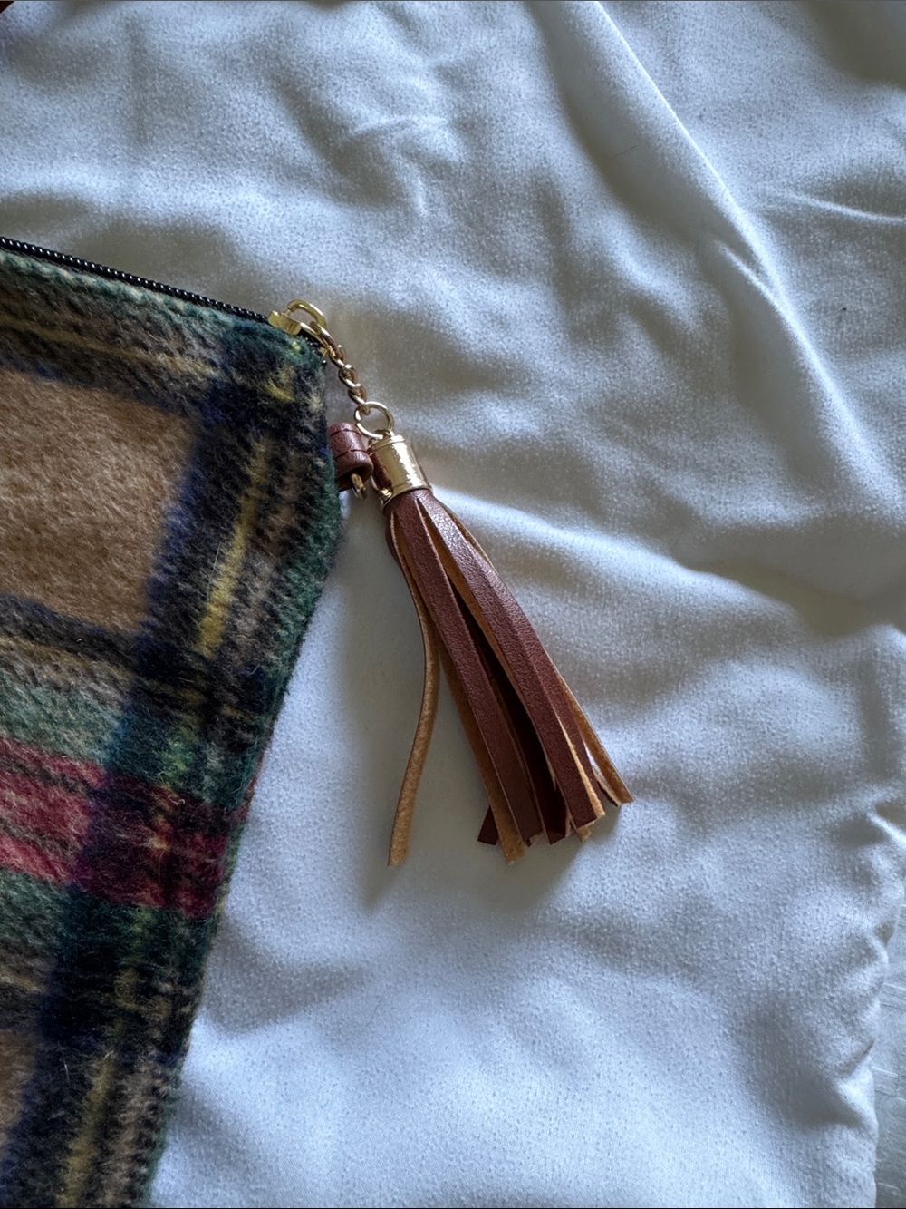 Plaid Wool Crossbody or Wristlet Bag with Brown Leather Tassel Zipper Pull - Picture 5 of 7